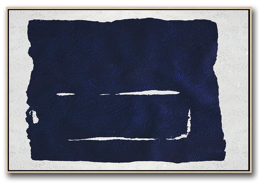 Large Wall Art Home Decor,Horizontal Abstract Painting Navy Blue Minimalist Painting On Canvas,Modern Abstract Wall Art